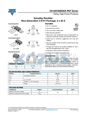 82CNQ030APBF datasheet - Schottky Rectifier New Generation 3 D-61 Package, 2 x 40 A