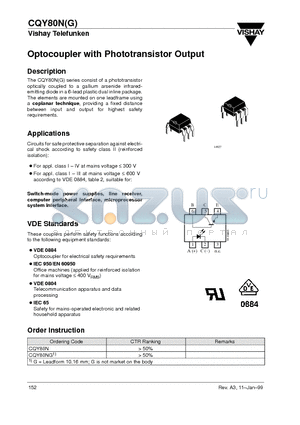 CQY80N datasheet - Optocoupler with Phototransistor Output