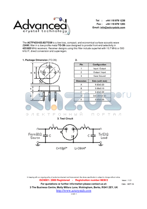 ACTF433 datasheet - low-loss, compact, and economical surface-acoustic-wave (SAW) filter