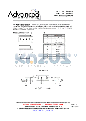 ACTF433.92/433.92/F11 datasheet - low-loss, compact, and economical surface-acoustic-wave filter