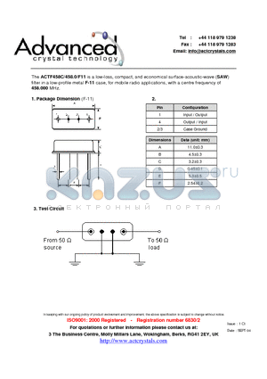 ACTF458C/458.0/F11 datasheet - low-loss, compact, and economical surface-acoustic-wave filter