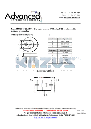 ACTF480-3 datasheet - one channel IF filter for DSB receivers with constant group delay