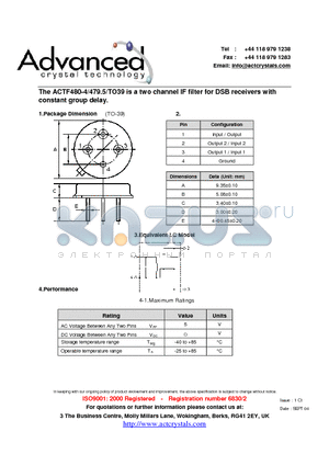 ACTF480-4/479.5/TO39 datasheet - two channel IF filter for DSB receivers with constant group delay