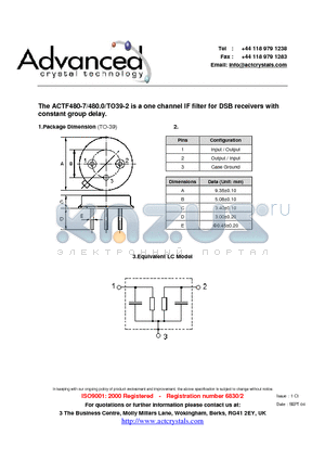 ACTF480-7 datasheet - one channel IF filter for DSB receivers with constant group delay