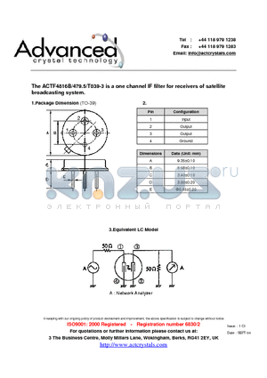 ACTF4816B datasheet - one channel IF filter for receivers of satellite broadcasting system