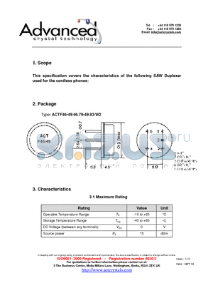 ACTF49/49.83/W2 datasheet - This specification covers the characteristics of the following SAW Duplexer used for the cordless phones: