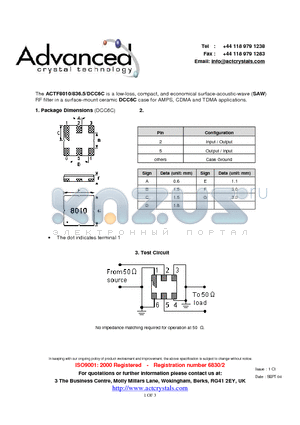 ACTF8010 datasheet - low-loss, compact, and economical surface-acoustic-wave (SAW) RF filter