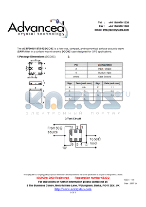 ACTF9015 datasheet - low-loss, compact, and economical surface-acoustic-wave (SAW) filter