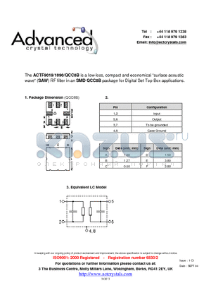 ACTF9019 datasheet - low-loss, compact and economical surface acoustic wave (SAW) RF filter