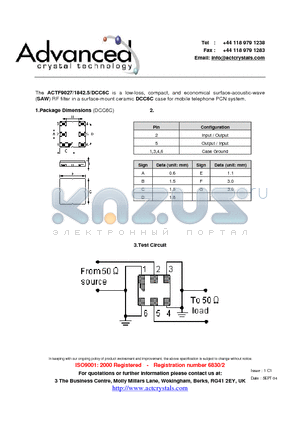 ACTF9027/1842.5/DCC6C datasheet - low-loss, compact, and economical surface-acoustic-wave (SAW) RF filter