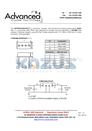 ACTF916.5/915.6/F11 datasheet - low-loss, compact, and economical surface-acoustic-wave (SAW) filter