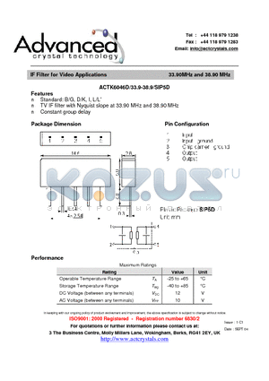 ACTK6046D/33.9-38.9/SIP5D datasheet - IF Filter for Video Applications