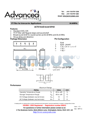 ACTK7033D/38.90/SIP5D datasheet - IF Filter for Intercarrier Applications