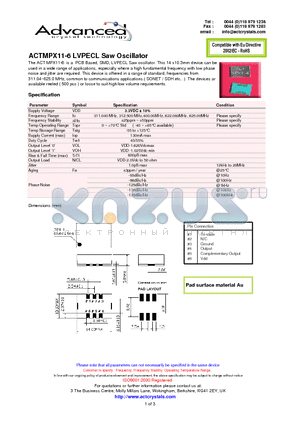 ACTMPX11-6 datasheet - LVPECL Saw Oscillator