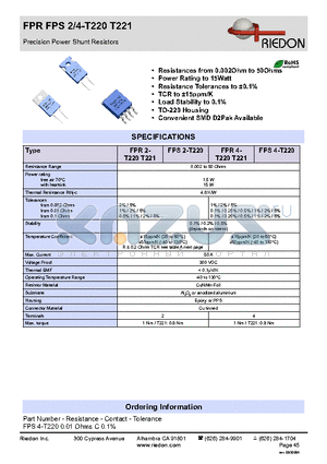 FPR4-T220 datasheet - Precision Power Shunt Resistors