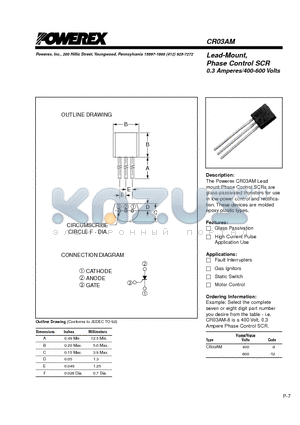 CR03AM400-8 datasheet - Lead-Mount, Phase Control SCR 0.3 Amperes/400-600 Volts