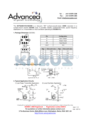 ACTQ420/315.0/QCC8C datasheet - surface-acoustic-wave (SAW) resonator