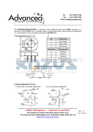 ACTQ433.42/433.42/TO39 datasheet - two-port, 180` surface-acoustic-wave (SAW) resonator