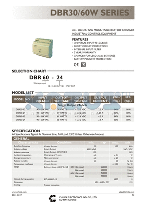 DBR30 datasheet - AC - DC DIN RAIL MOUNTABLE BATTERY CHARGER INDUSTRIAL CONTROL EQUIPMENT