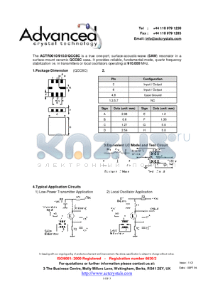 ACTR0010/910.0/QCC8C datasheet - surface-acoustic-wave (SAW) resonator