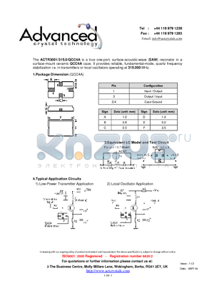 ACTR3001 datasheet - true one-port, surface-acoustic-wave (SAW) resonator