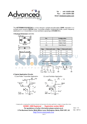 ACTR3006/310.0/QCC4A datasheet - true one-port, surface-acoustic-wave (SAW) resonator