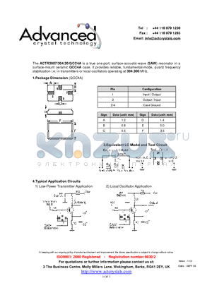 ACTR3007/304.30/QCC4A datasheet - true one-port, surface-acoustic-wave (SAW) resonator