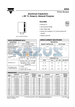 82DA153M016KA2D datasheet - Aluminum Capacitors  85 C, Snap-in, General Purpose