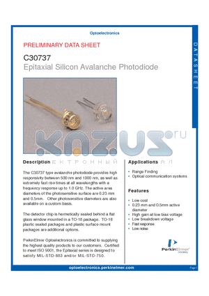 C30737 datasheet - Epitaxial Silicon Avalanche Photodiode