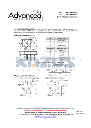 ACTR304.3/304.30/TO39 datasheet - true one-port, surface-acoustic-wave (SAW) resonator