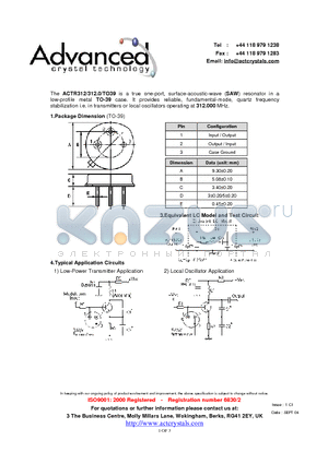 ACTR312/312.0/TO39 datasheet - true one-port, surface-acoustic-wave (SAW) resonator
