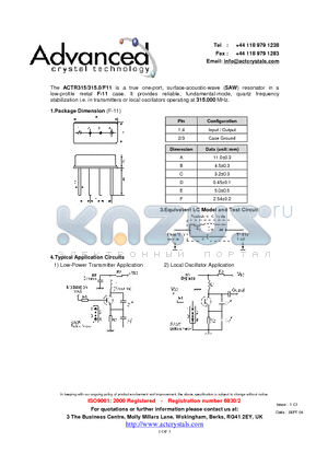 ACTR315/315.0/F11 datasheet - true one-port, surface-acoustic-wave (SAW) resonator