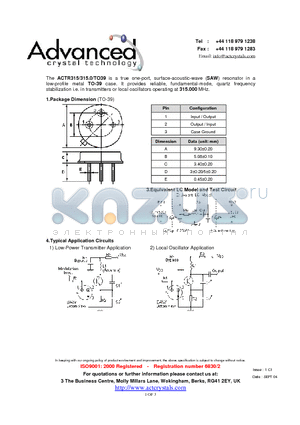 ACTR315/315.0/TO39 datasheet - true one-port, surface-acoustic-wave (SAW) resonator