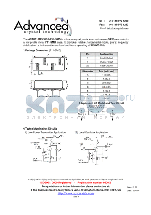 ACTR315MS datasheet - true one-port, surface-acoustic-wave (SAW) resonator