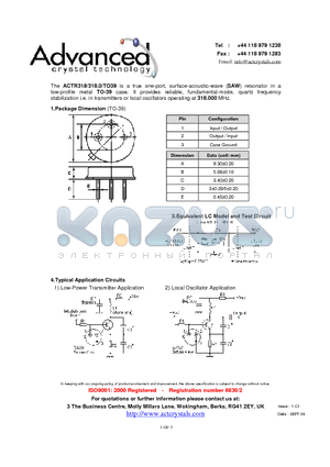 ACTR318/318.0/TO39 datasheet - true one-port, surface-acoustic-wave (SAW) resonator