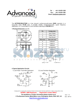 ACTR350/350.0/TO39 datasheet - true one-port, surface-acoustic-wave (SAW) resonator