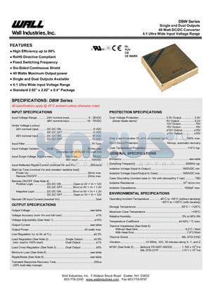 DBW48S5-40 datasheet - Single and Dual Outputs 40 Watt DC/DC Converter 4:1 Ultra Wide Input Voltage Range
