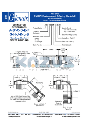 463SA002M20 datasheet - EMI/RFI Environmental G-Spring Backshell with Strain Relief