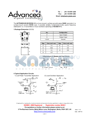 ACTR4002/433.92/DCC6-1.5 datasheet - true one-port, surface-acoustic-wave (SAW) resonator