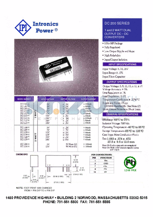 DC-203-1 datasheet - 1 and 2 WATT DUAL OUTPUT DC-DC CONVERTERS