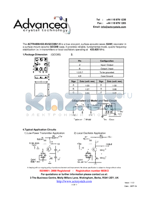 ACTR4009/433.93/QCC8B datasheet - true one-port, surface-acoustic-wave (SAW) resonator