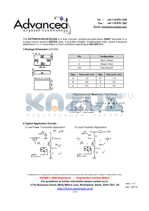 ACTR4010/433.42/QCC4A datasheet - true one-port, surface-acoustic-wave (SAW) resonator