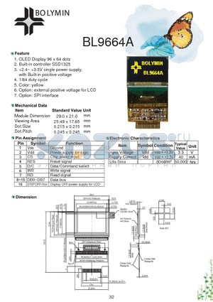 BL9664A datasheet - OLED Display 96 x 64 dots Built-in controller SSD1325