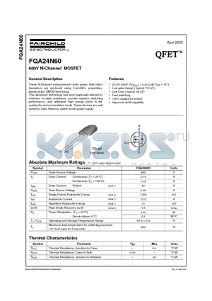 FQA24N60 datasheet - 600V N-Channel MOSFET