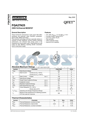 FQA27N25 datasheet - 250V N-Channel MOSFET