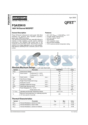 FQA33N10 datasheet - 100V N-Channel MOSFET