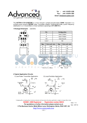 ACTR4111/311.0/QCC8C datasheet - true one-port, surface-acoustic-wave (SAW) resonator