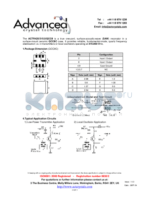 ACTR420/315.0/QCC8 datasheet - true one-port, surface-acoustic-wave (SAW) resonator