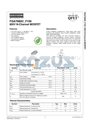 FQA7N80C datasheet - 800V N-Channel MOSFET