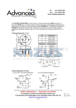 ACTR423/423.22/TO39 datasheet - true one-port, surface-acoustic-wave (SAW) resonator